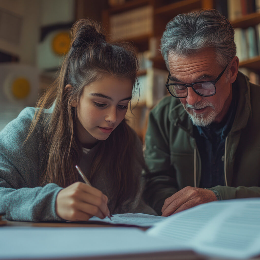 A teenage student receiving guidance from on a college application essay.