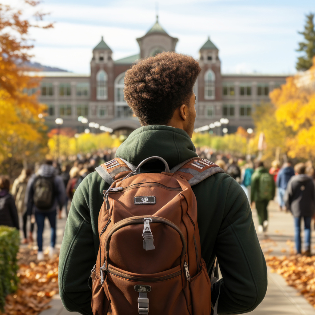 back of isolated student looking out over college campus