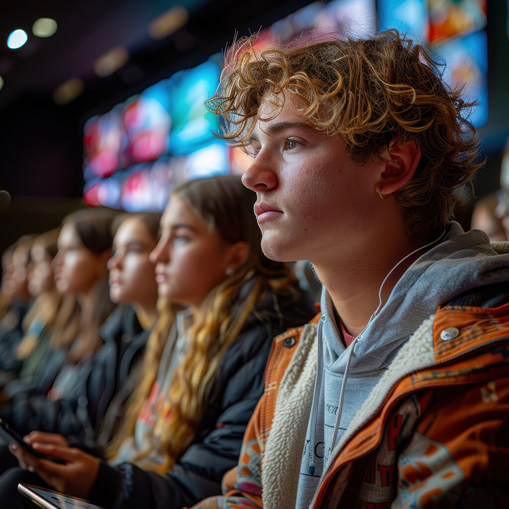 A group of students, including a young man with curly hair, attentively listening in a modern classroom setting highlighting one student