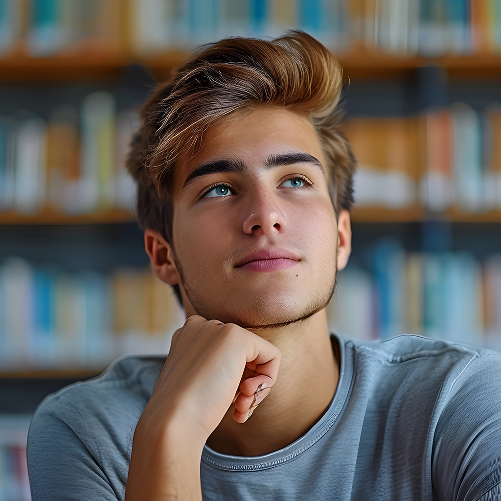 A young adult student contemplating in a library surrounded by shelves of books pondering their academic and professional future They appear deep in thought likely weighing various courses